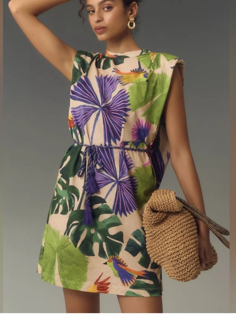 Farm Rio Macaw Jungle T-Shirt Mini Dress W/ Rope Belt Small Resort Wear NWOT